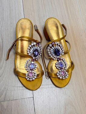 Le Silla Gold Jeweled Strappy Women's Sandals with Multi-Crystal Accents